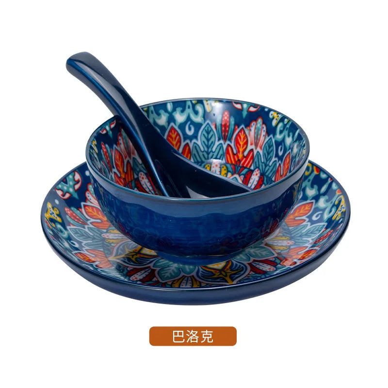 Ceramic Tableware Set Three-Piece Household Rice Bowl Plate Spoon Set Restaurant Hot Pot Barbecue Shop Commercial
